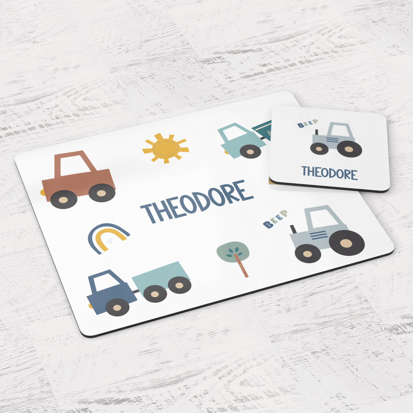 Childs transport themed placemat and coaster set personaliesd with name