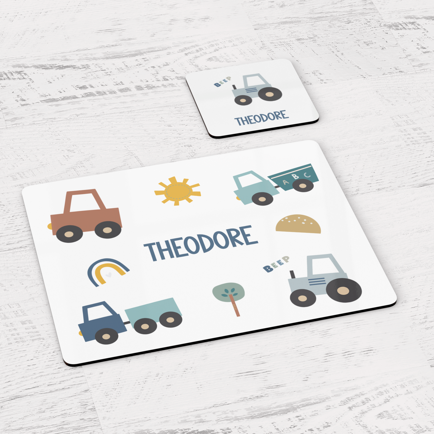 Personalised Transport Theme Children's Placemat and Coaster