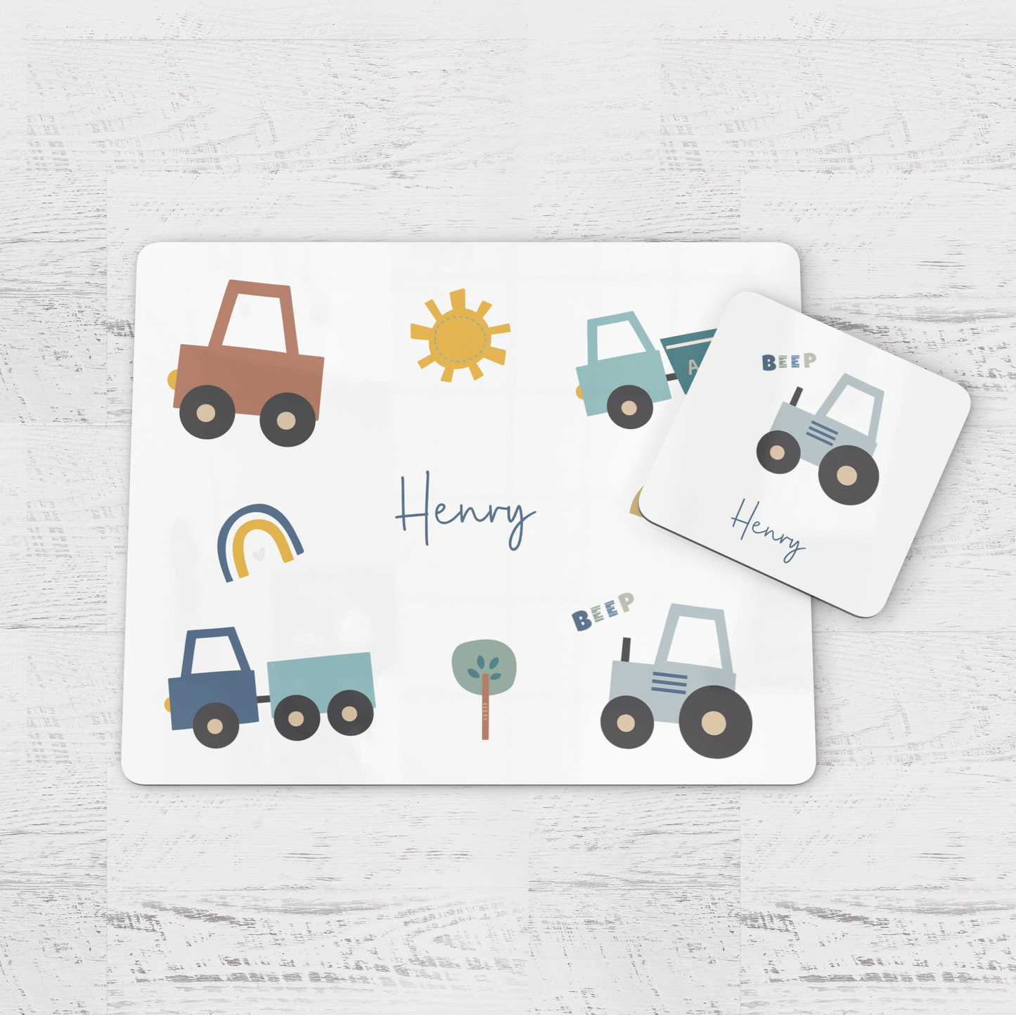 Personalised Transport Theme Children's Placemat and Coaster