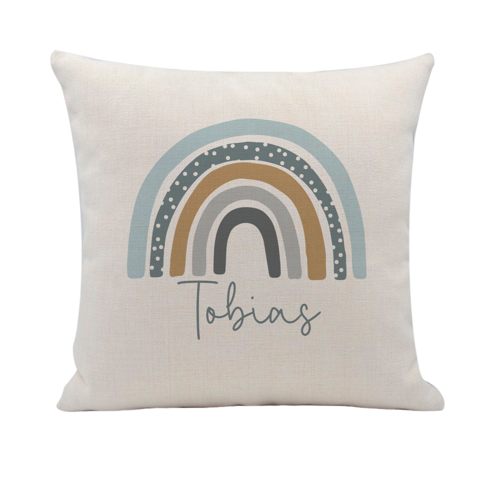 Decorative pillow with a blue rainbow design and the name 'Tobias' on a white background