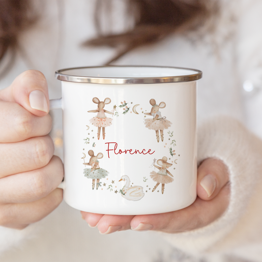 Person holding a mug with decorative Christmas ballerina mouse design and 'Florence' text