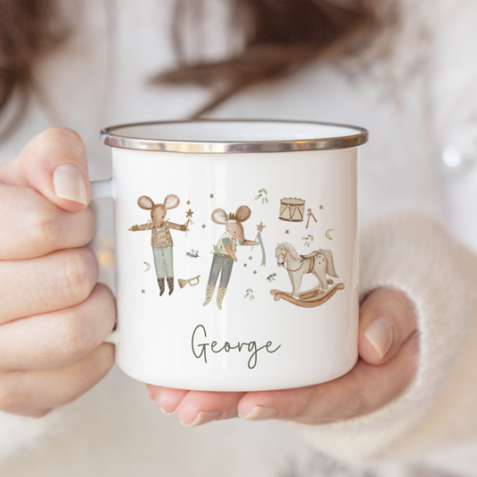 White enamel tin mug with festive mice and rocking horse design