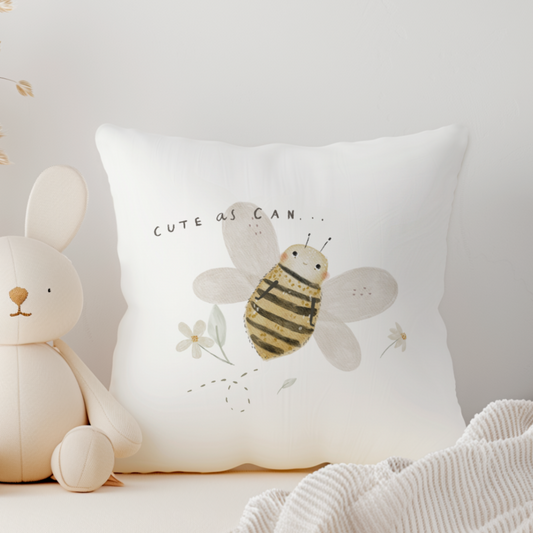 White canvas cushion cover with cute as can bee and cute bumblebee illustration 