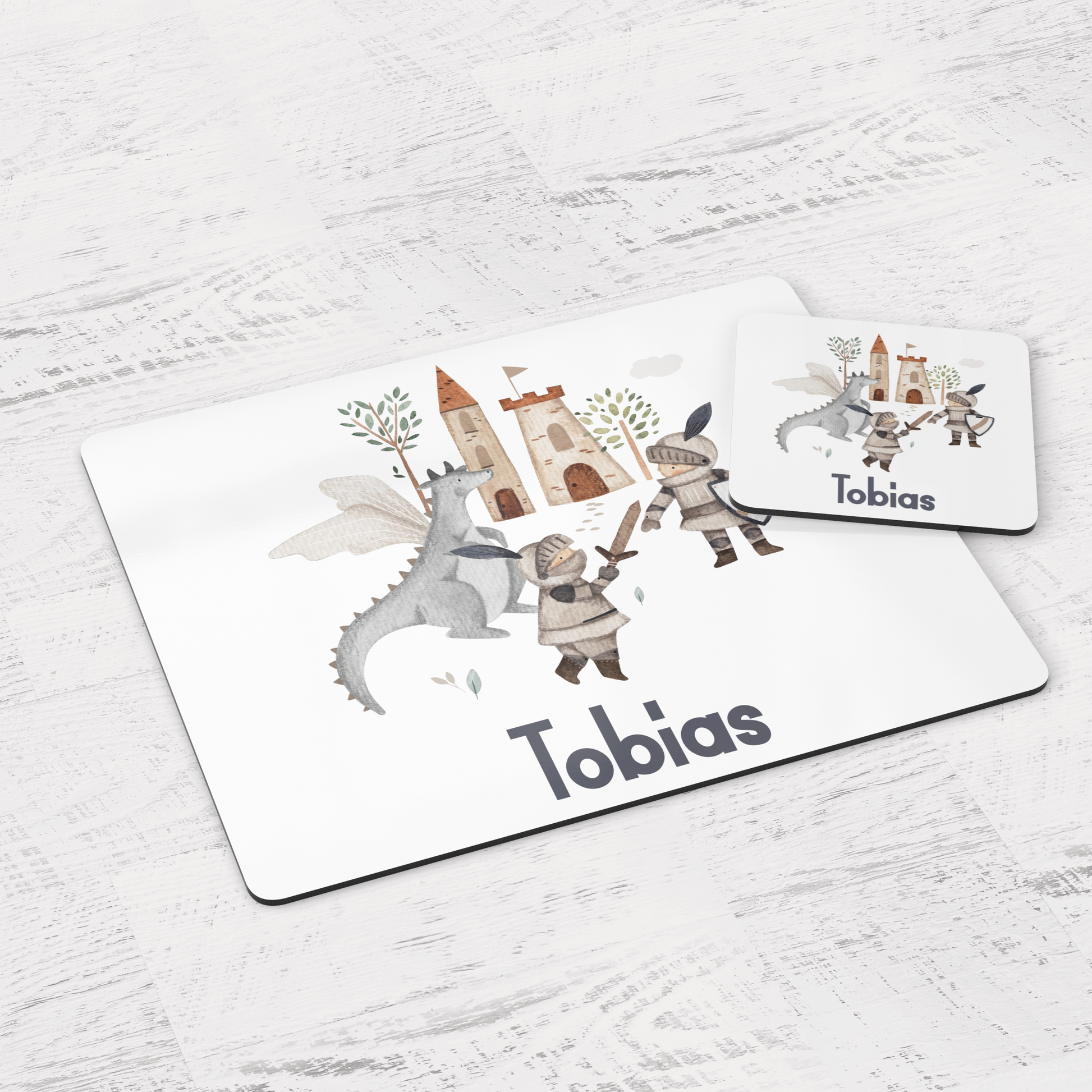 a white place mat with a picture of a knight and a dragon on it