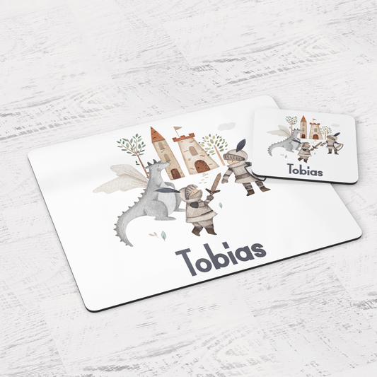 a white place mat with a picture of a knight and a dragon on it