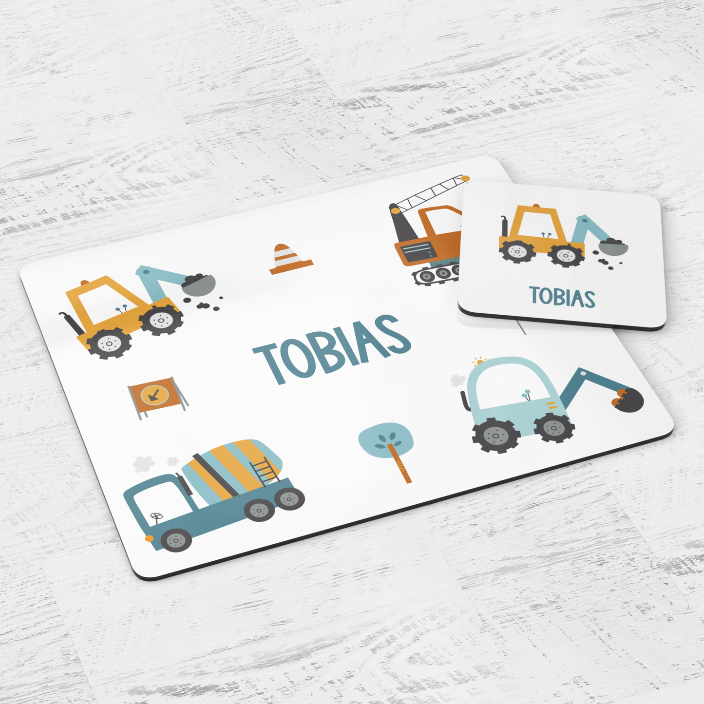 Childs digger themed placemat and coaster set, personalised with name