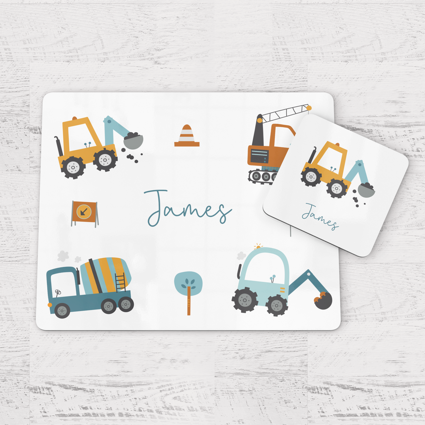 Personalised Construction Digger Children's Placemat and Coaster