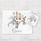 a white place mat with a picture of a boy and a dragon on it