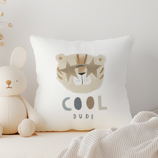 a white cushion with tiger in sunglasses and cool dude underneath