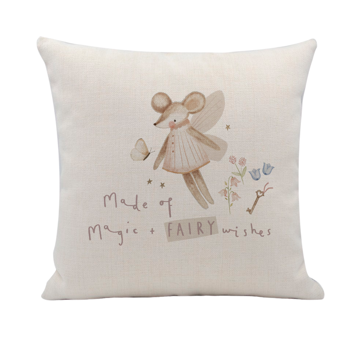 Decorative pillow with fairy mouse design and text on a white background