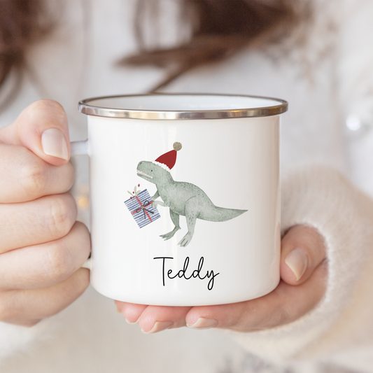 Personalised Festive Dinosaur Enamel Christmas Mug