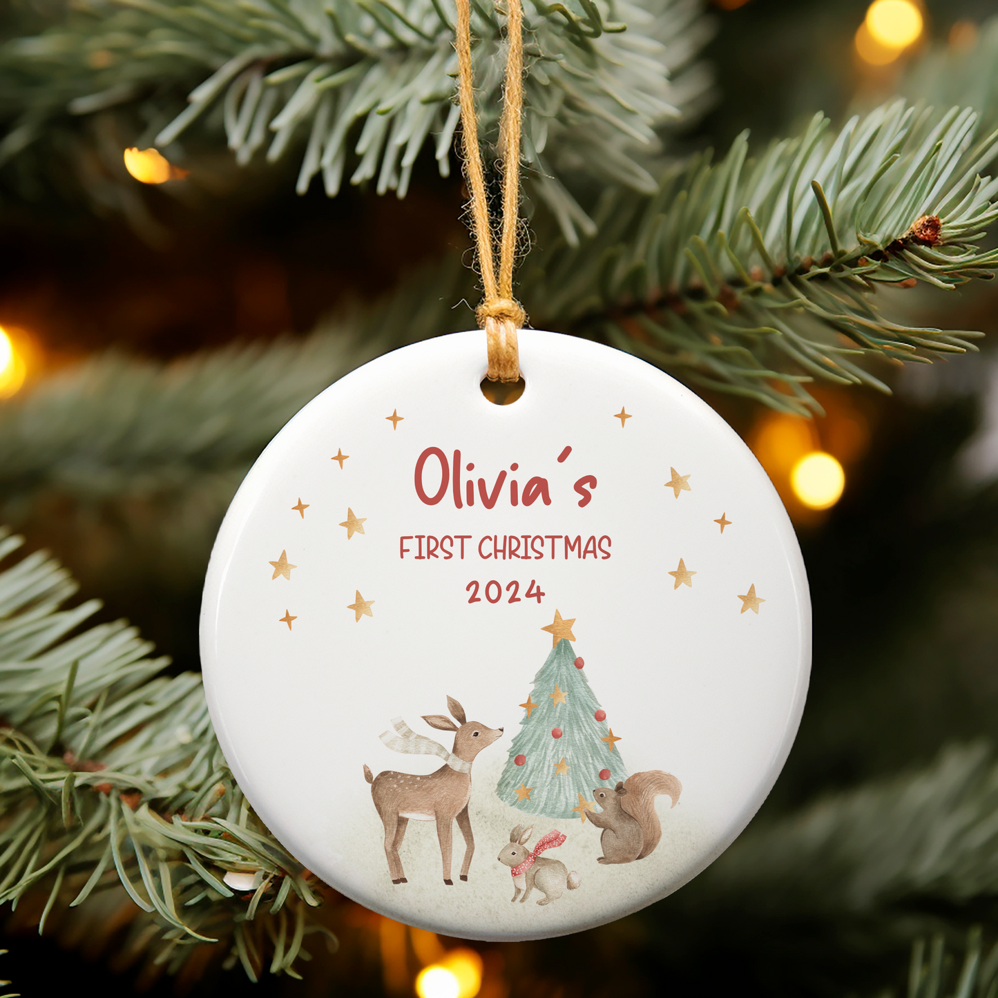 White ceramic ornament for childs First Christmas. Deer and Christmas Tree illustration. 