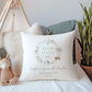 White canvas cushion cover with hello little one wreath and jungle safari animals. Personalised with name and birth details.