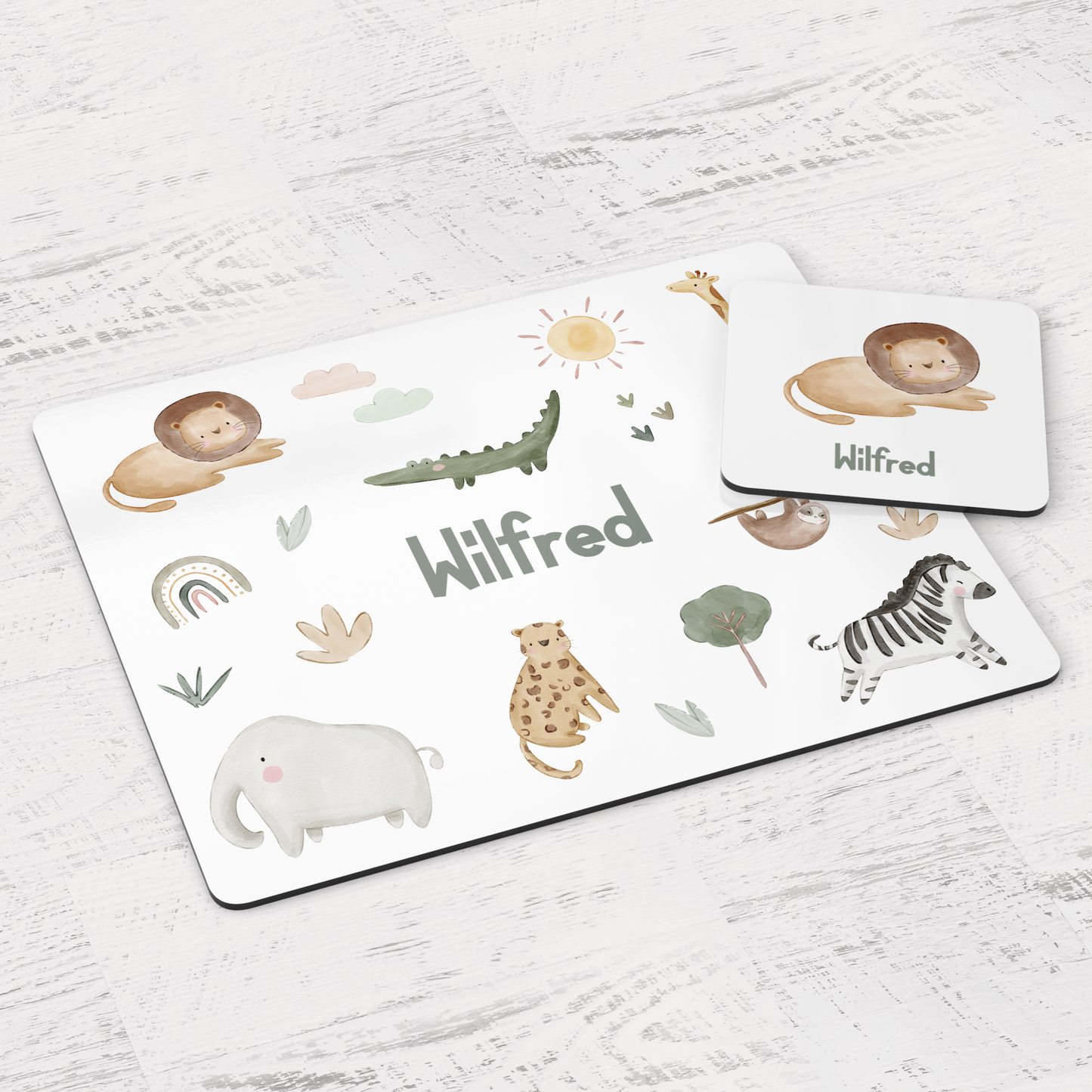 Childs placemat and coaster set with jungle safari animals, personalised with name.