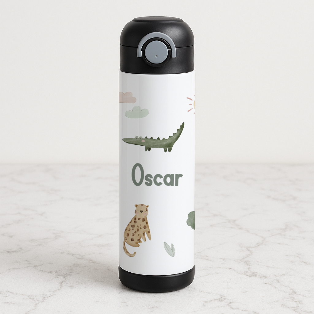 White water bottle with jungle animals safari print, personalised with name