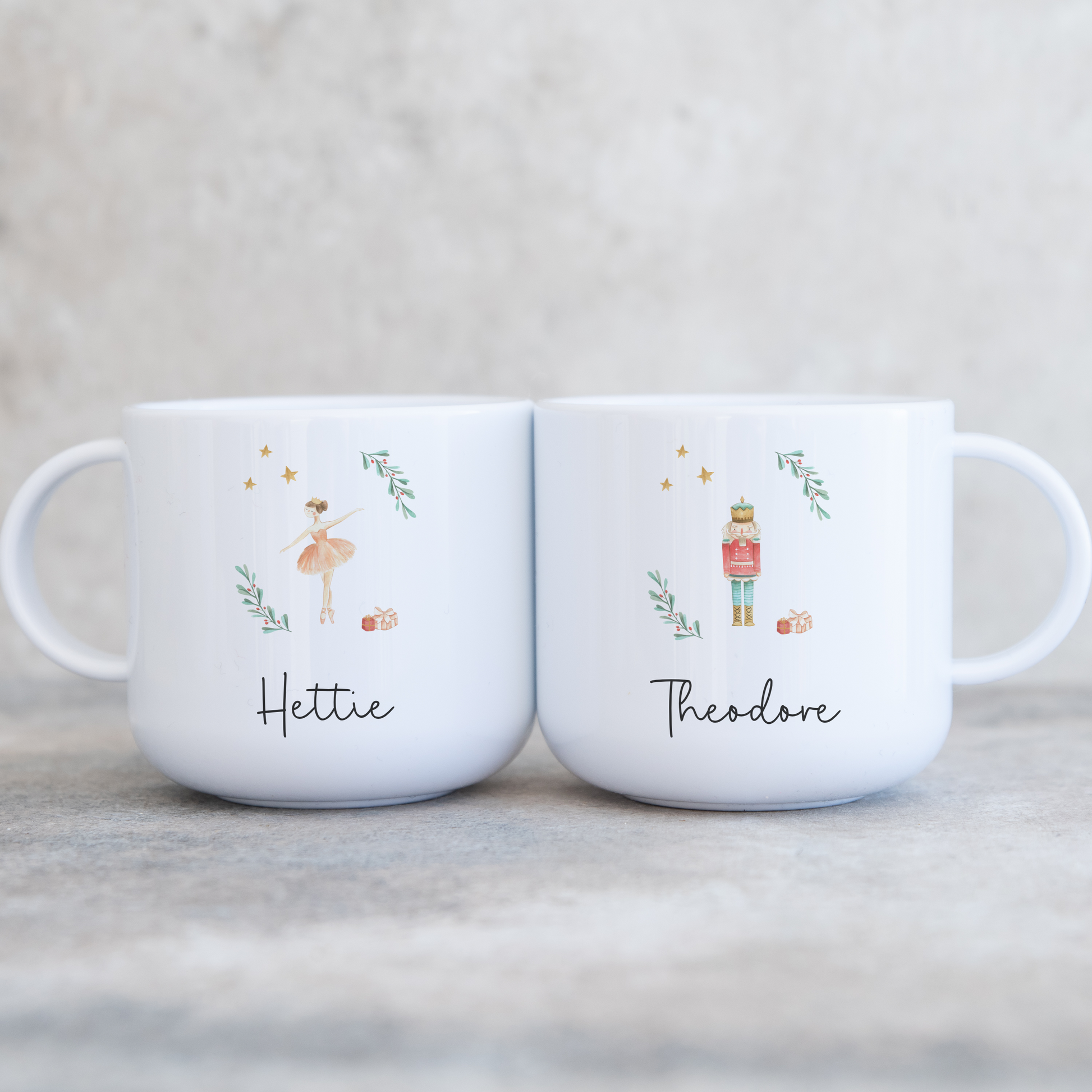 White polymer mug with Nutcracker design and Sugar Plum Fairy. Personalised with name in black script font.