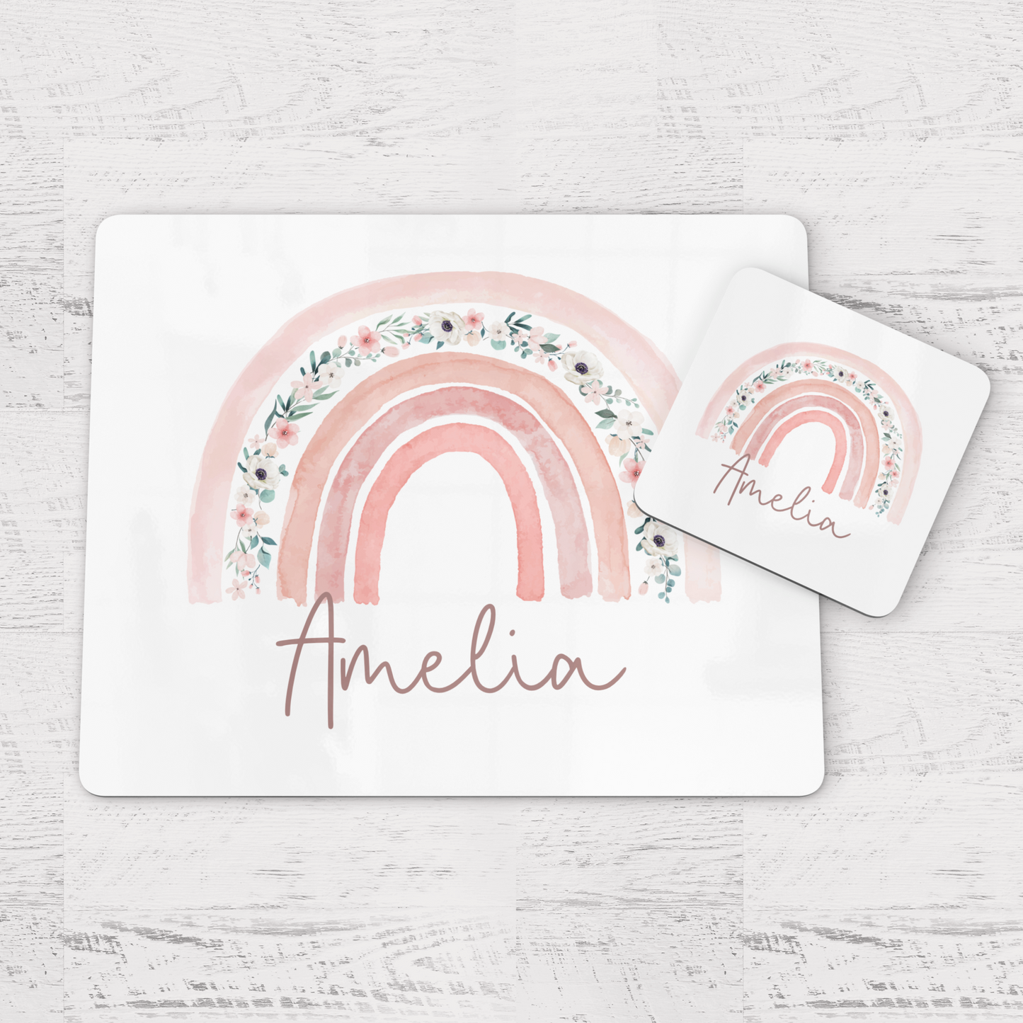 Personalised Pink Floral Rainbow Children's Placemat and Coaster