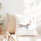 White canvas pillow with cute Dachshund puppy with hearts and bonjour text.