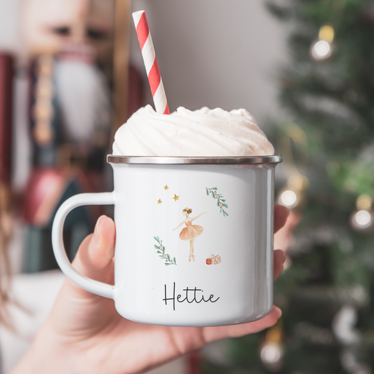 White camping mug with The Sugar Plum Fairy illustration. Personalised with name in black font. 