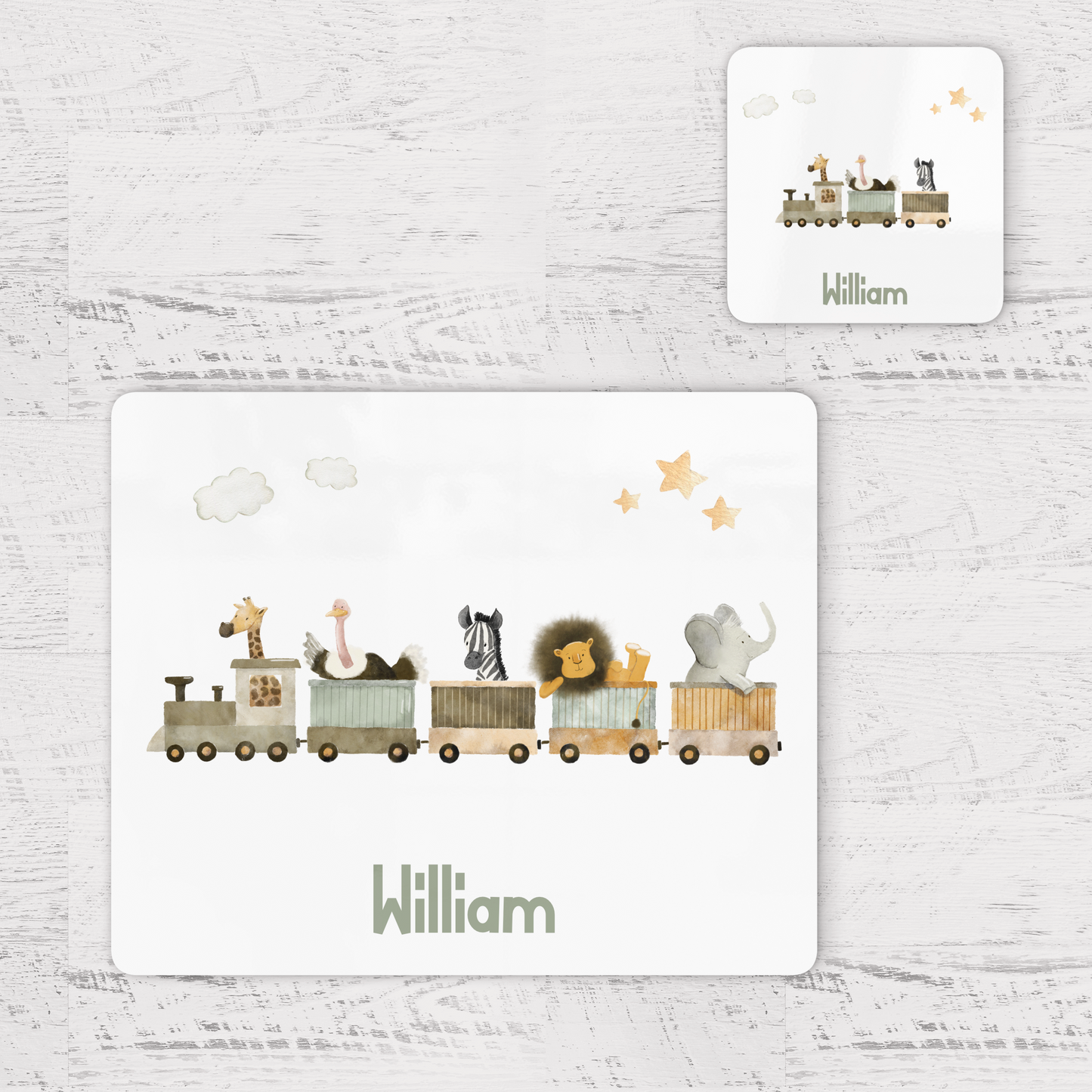 Personalised Train Jungle Safari Animal Theme Children's Placemat and Coaster