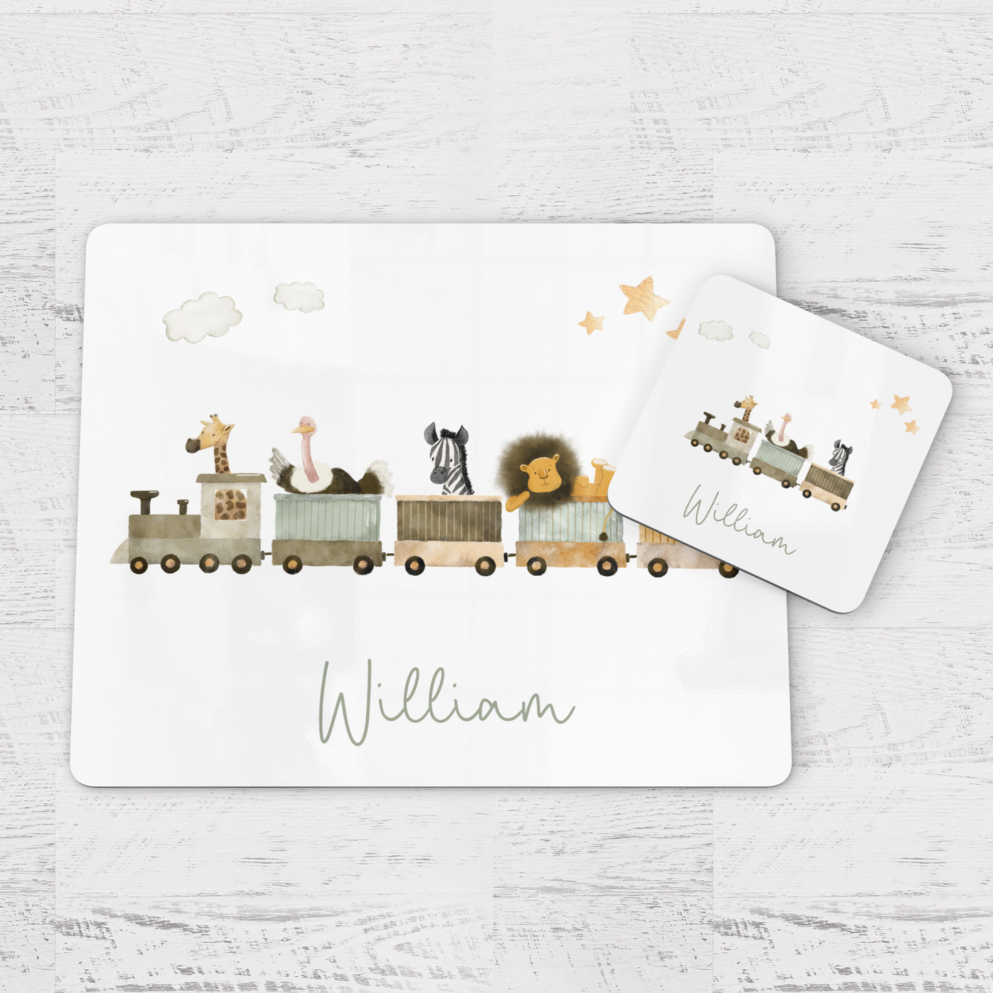 Personalised Train Jungle Safari Animal Theme Children's Placemat and Coaster