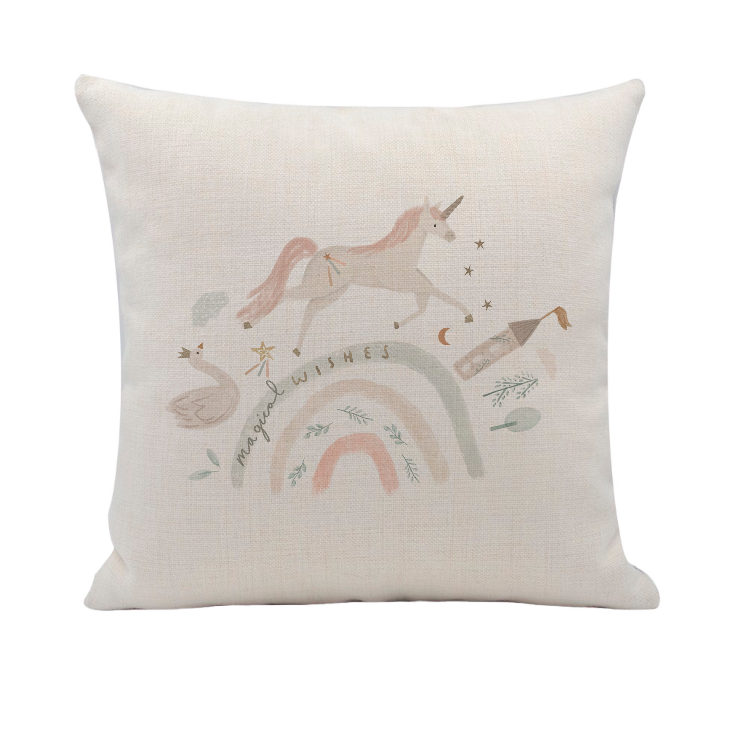 Linen pillow with magical Unicorn, rainbow and swan illustration