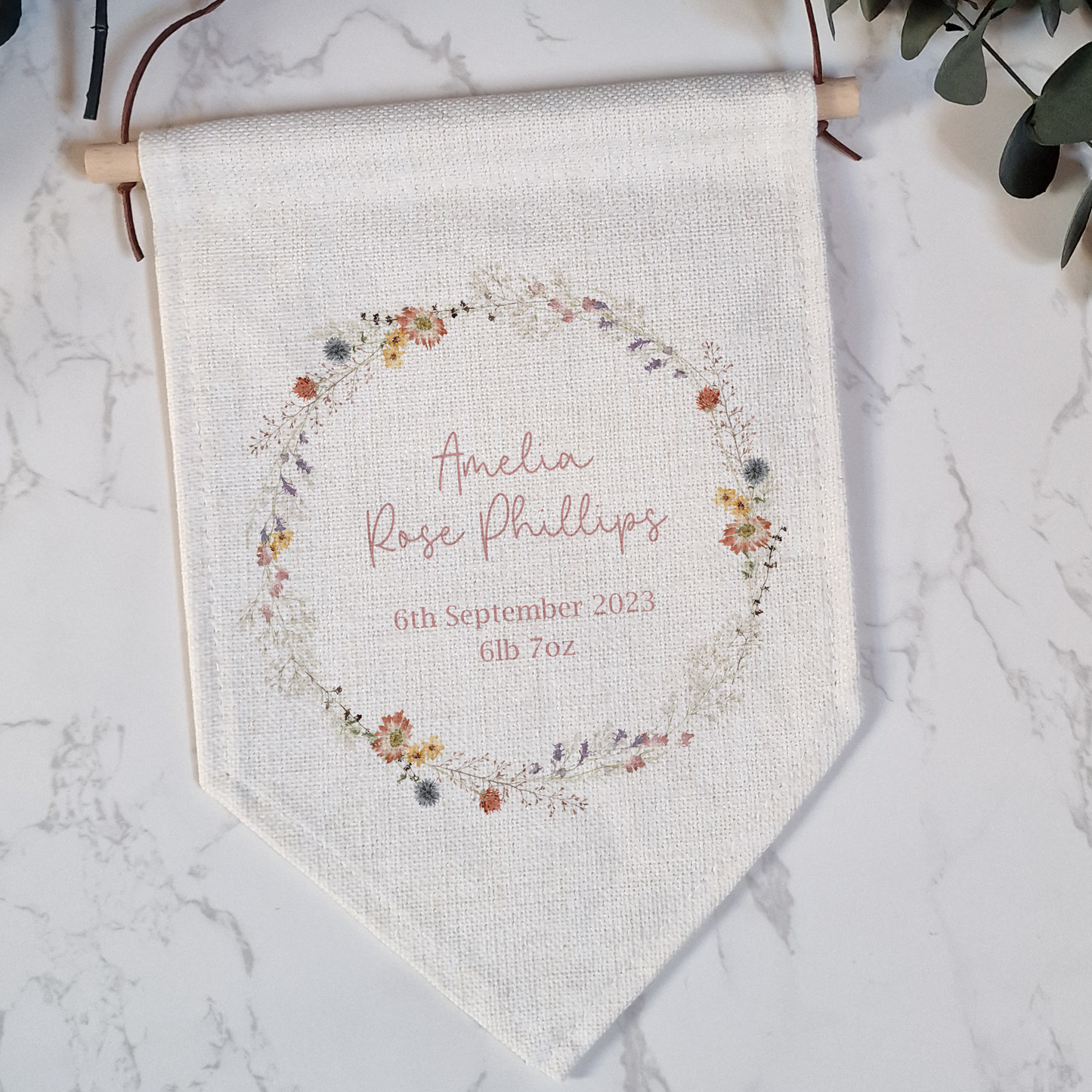 Wildflower Wreath Birth Details Pennant Flag