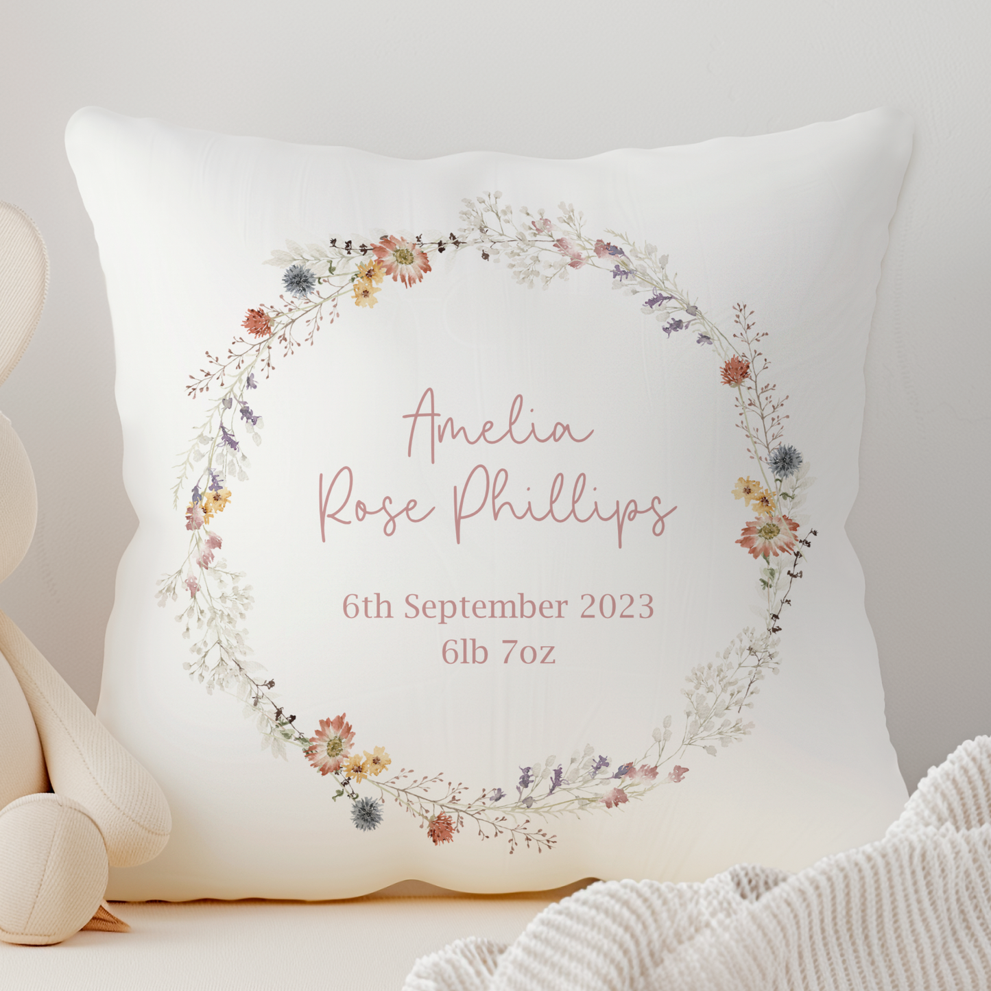 Personalised Wildflowers Birth Cushion Cover