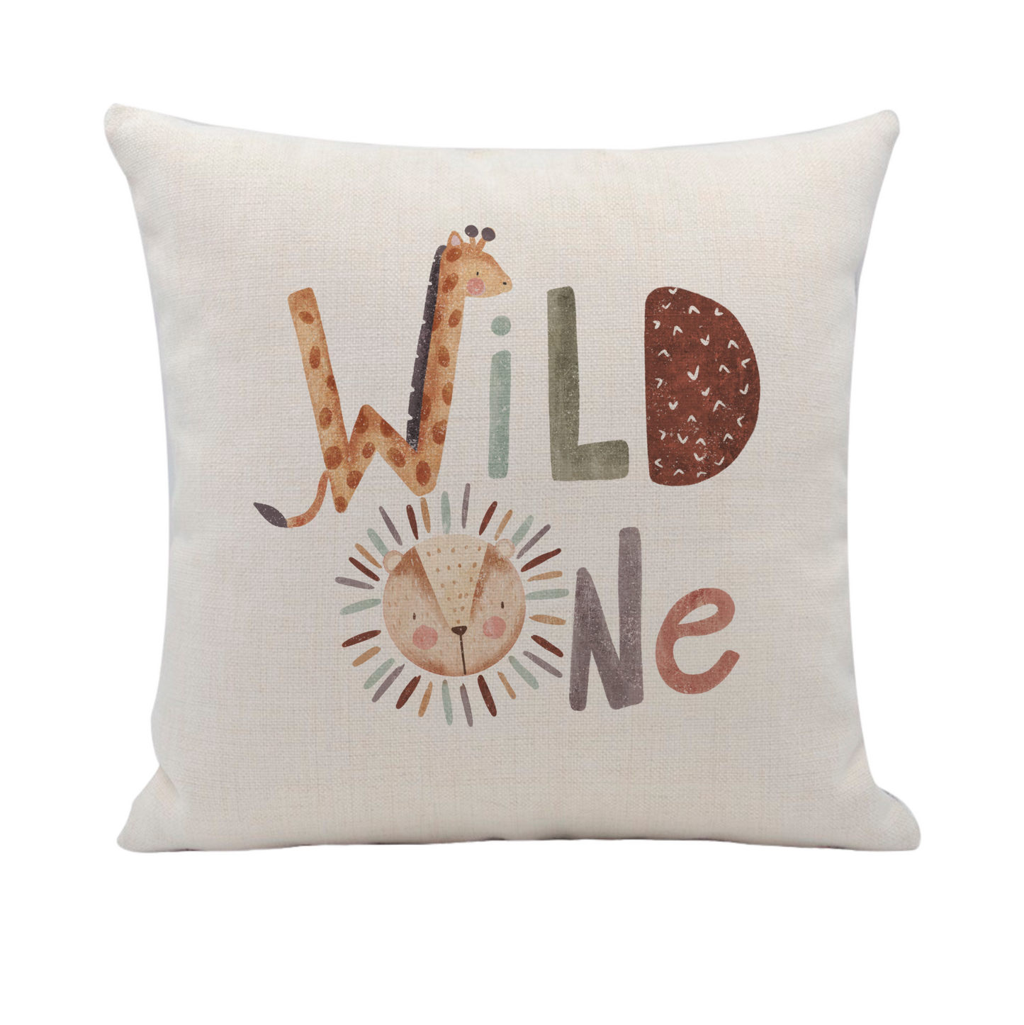 Linen cushion with wild one text incorporating giraffe and lion