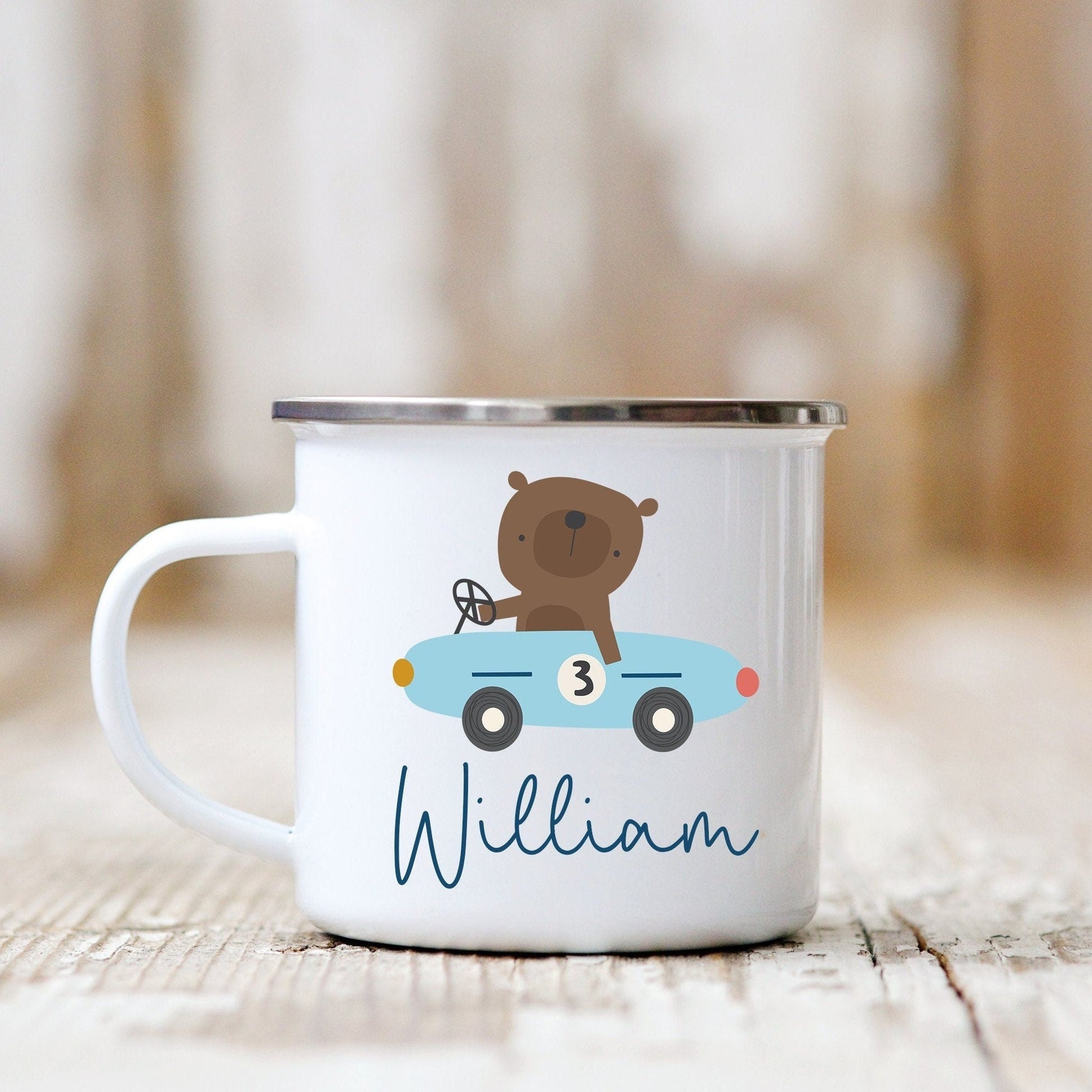 Personalised Bear in Car Enamel Mug